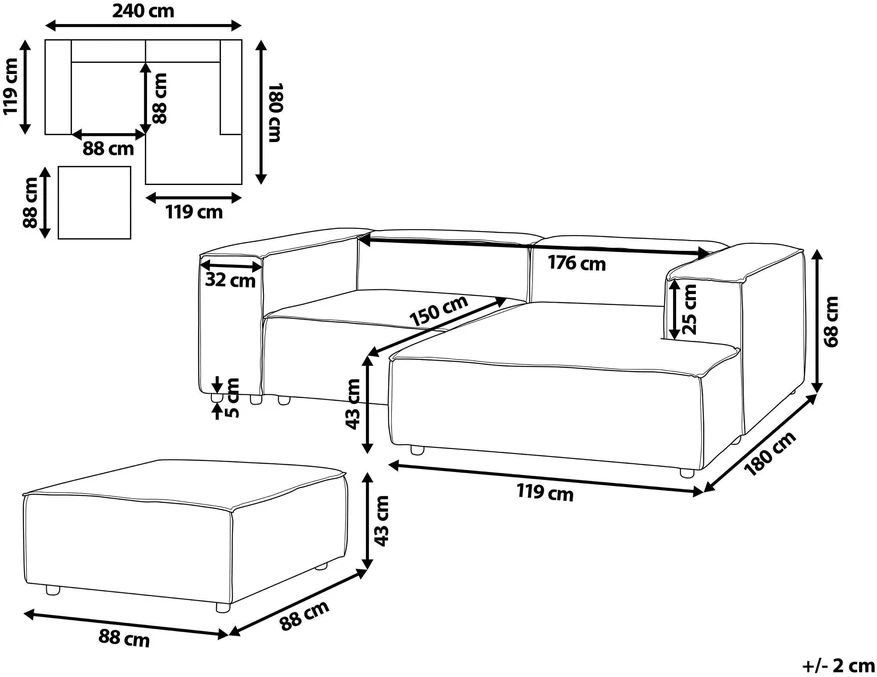 Beliani ARDAL 3-vietė modulinė sofa kairinė, kreminė balta, velvetas su otomanu