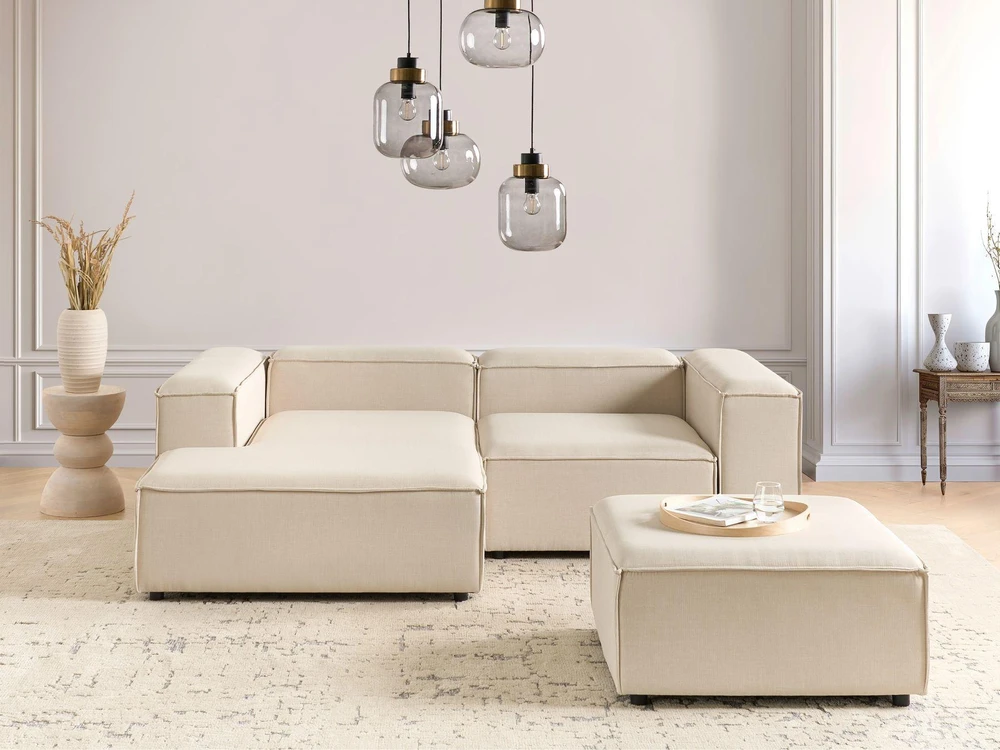 Beliani ARDAL modulinė kampinė sofa 2 asmenims su pufu, smėlio spalvos, dešinė pusė
