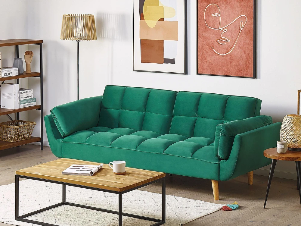 Beliani ASBY 3 vietų išskleidžiama sofa, veliūras, žalia