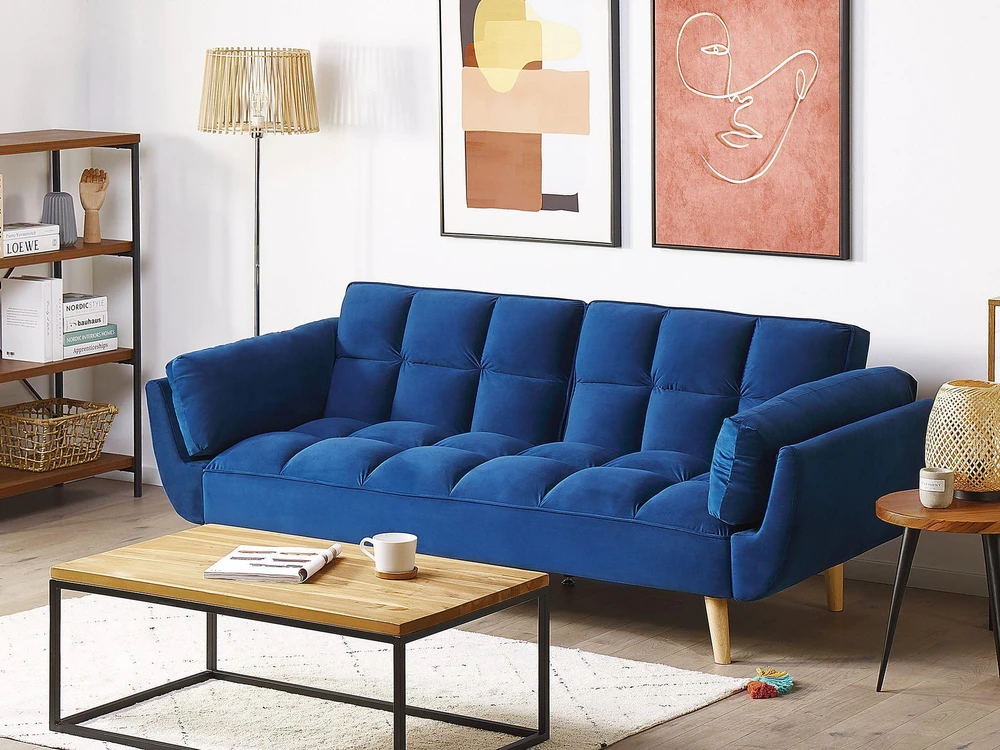 Beliani ASBY 3 vietų išskleidžiama sofa, veliūras, tamsiai mėlyna