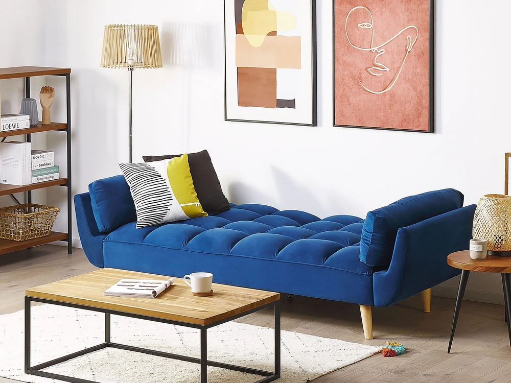 Beliani ASBY 3 vietų išskleidžiama sofa, veliūras, tamsiai mėlyna