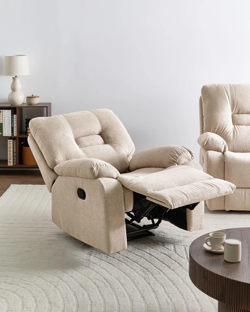 Beliani Atlošiamas fotelis BERGEN su ištraukiama kojų atrama, smėlio spalvos