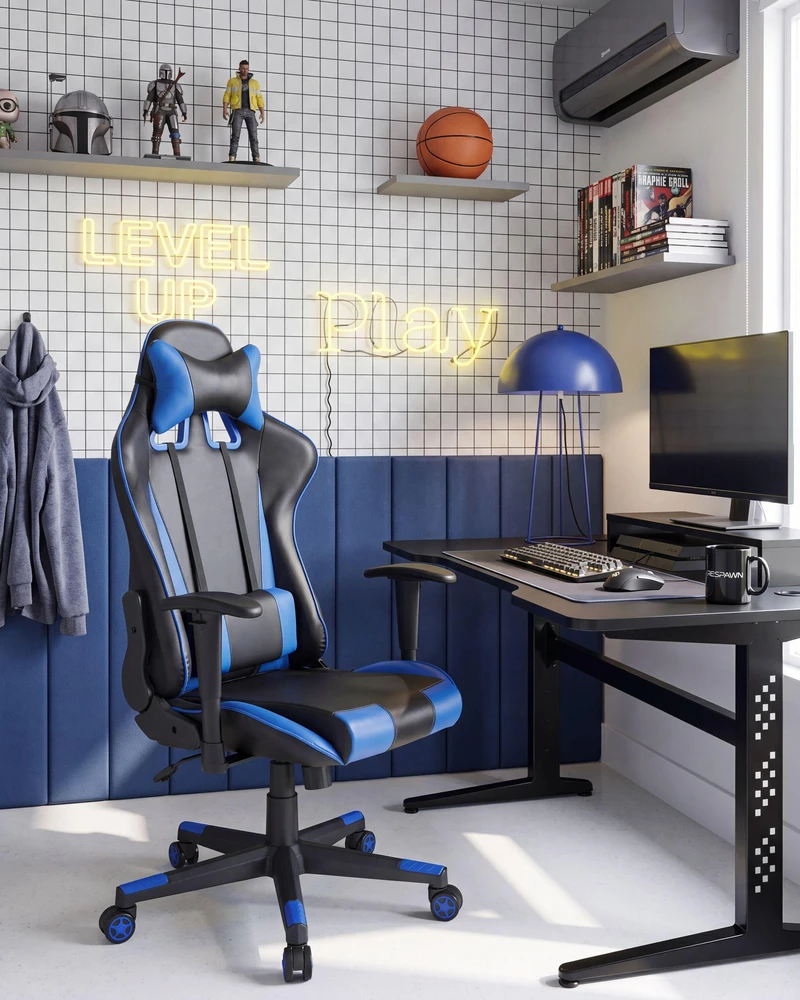 Beliani Birojo kėdė GAMER ekologiška oda tamsiai mėlyna