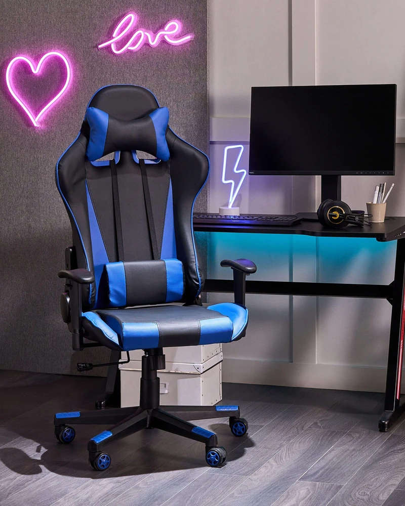 Beliani Birojo kėdė GAMER ekologiška oda tamsiai mėlyna