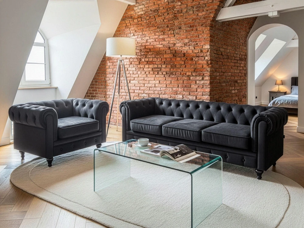 Beliani CHESTERFIELD 3 vietų sofa, veliūrinė, juoda