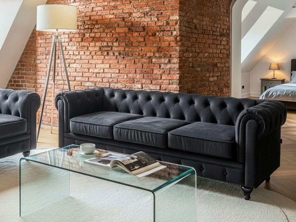 Beliani CHESTERFIELD 3 vietų sofa, veliūrinė, juoda