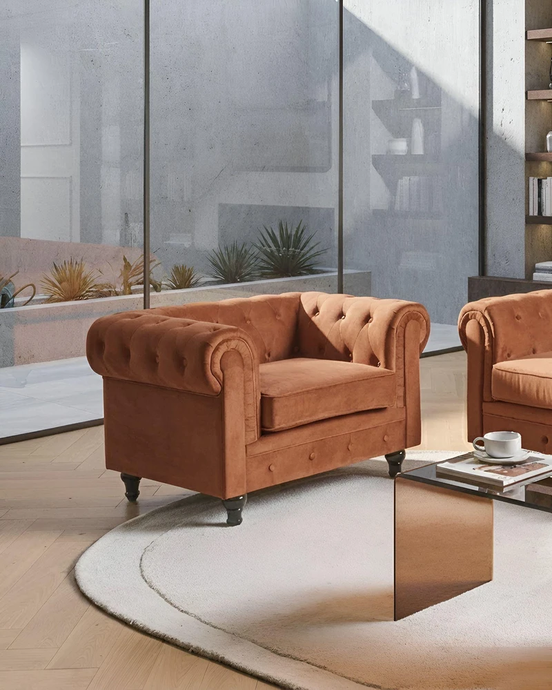 Beliani CHESTERFIELD fotelis, aksomas, aukso rudos spalvos