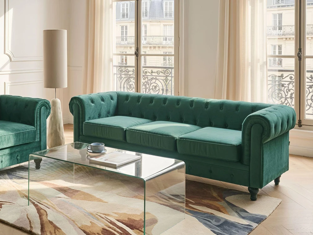 Beliani CHESTERFIELD trijų vietų veliūrinė sofa, smaragdo žalios spalvos