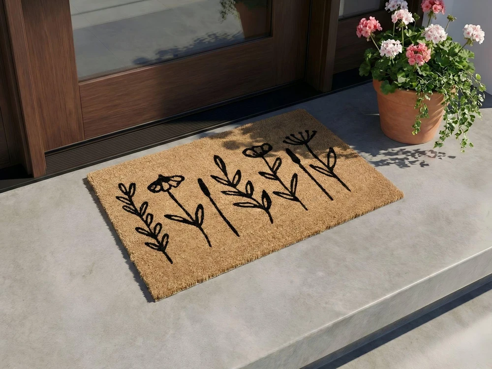 Beliani Durų kilimėlis AGIAK natūralus 45 x 75 cm augalinis motyvas kokosinis pluoštas