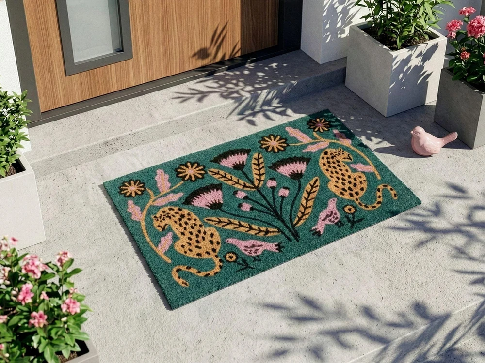 Beliani Durų kilimėlis NAKNEK, įvairiaspalvis, 40 × 60 cm, katė, paukštis ir gėlė, kokoso pluoštas