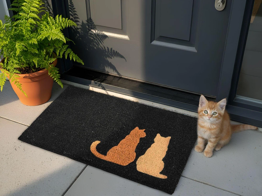 Beliani Durų kilimėlis NAPALIT juodas 60 x 90 cm su katėmis iš kokoso pluošto