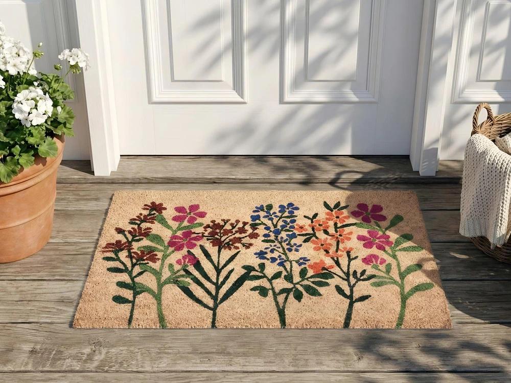 Beliani Durų kilimėlis TEKKONA, natūralios spalvos, 50 × 80 cm, gėlių rašto, kokosinio pluošto