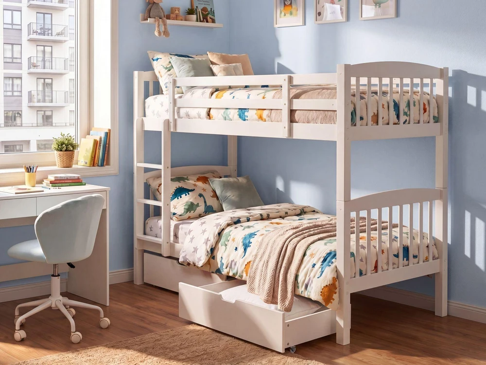 Beliani Dviaukštė lova su stalčiais REVIN, pušies mediena, balta, 90 x 200 cm