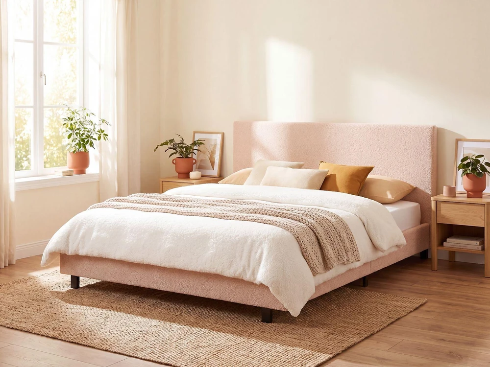 Beliani Dviejų vietų lova ALBI 180 x 200 cm, smėlio spalvos boucle audinys