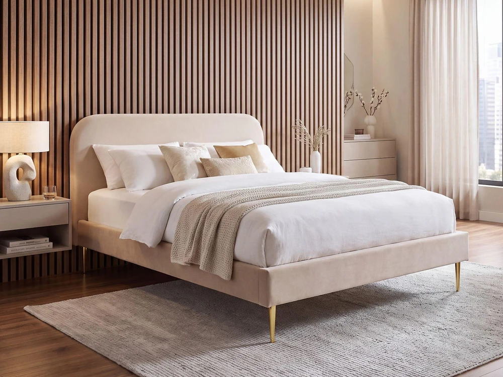 Beliani Dviejų vietų lova FLAYAT 180 x 200 cm, šviesiai smėlio spalvos veliūras