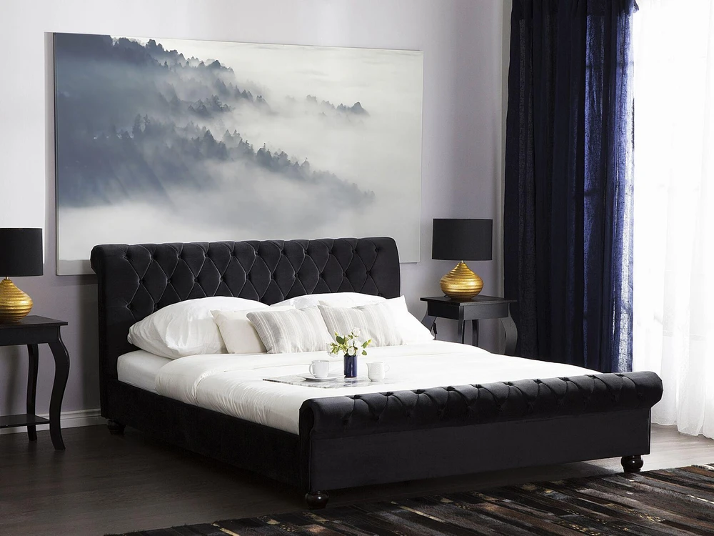 Beliani Dvigulė lova AVALLON 180 x 200 cm juoda aksominė