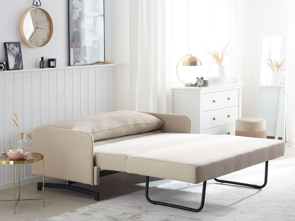 Beliani Dvivietė išskleidžiama sofa BELFAST smėlio spalvos