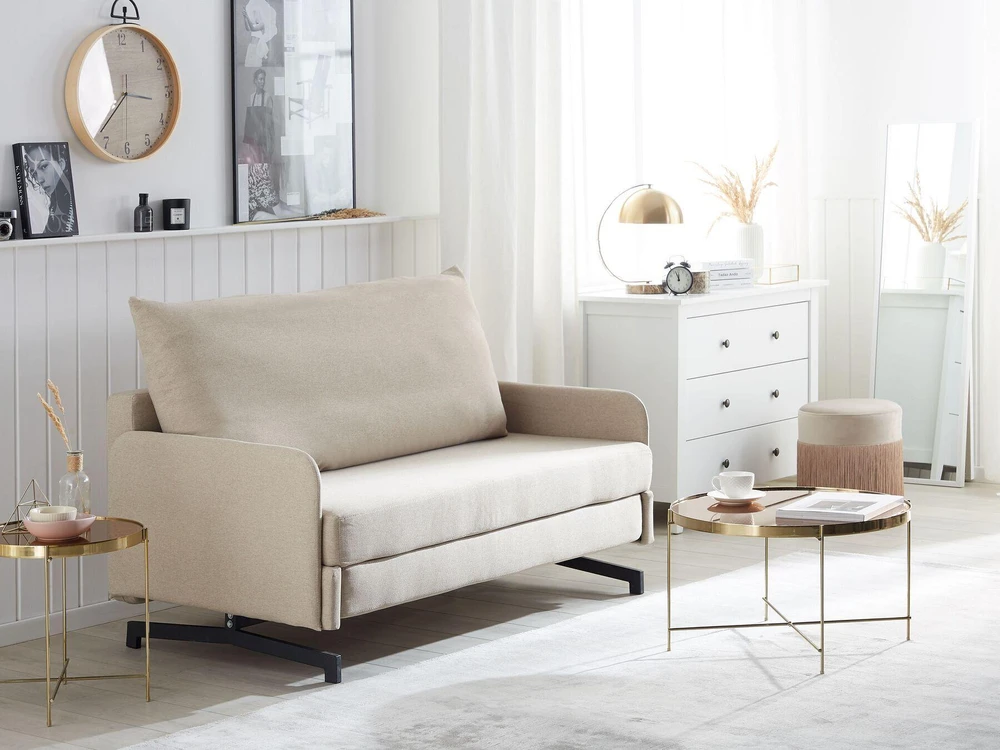 Beliani Dvivietė išskleidžiama sofa BELFAST smėlio spalvos