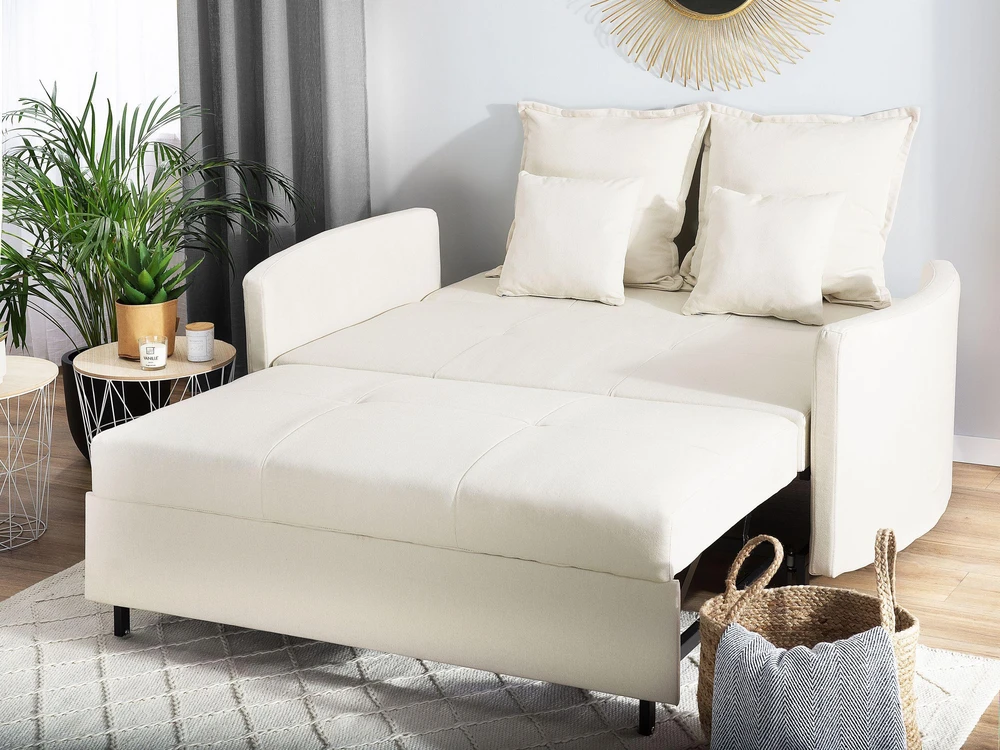 Beliani Dvivietė išskleidžiama sofa HOVIN šviesiai smėlio spalvos