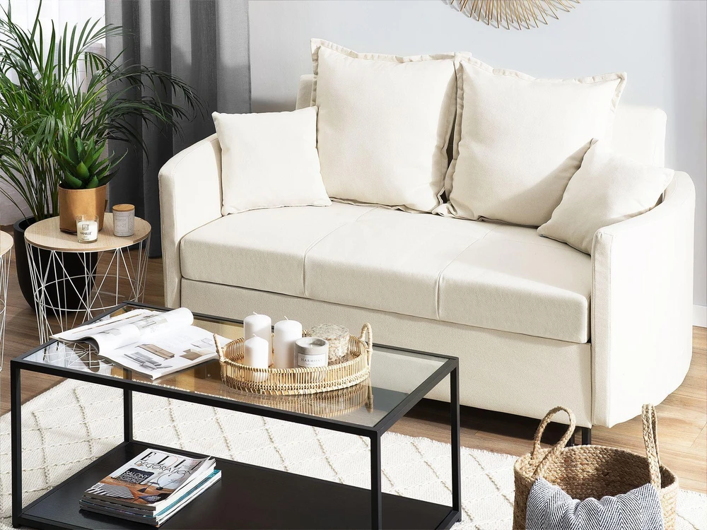 Beliani Dvivietė išskleidžiama sofa HOVIN šviesiai smėlio spalvos
