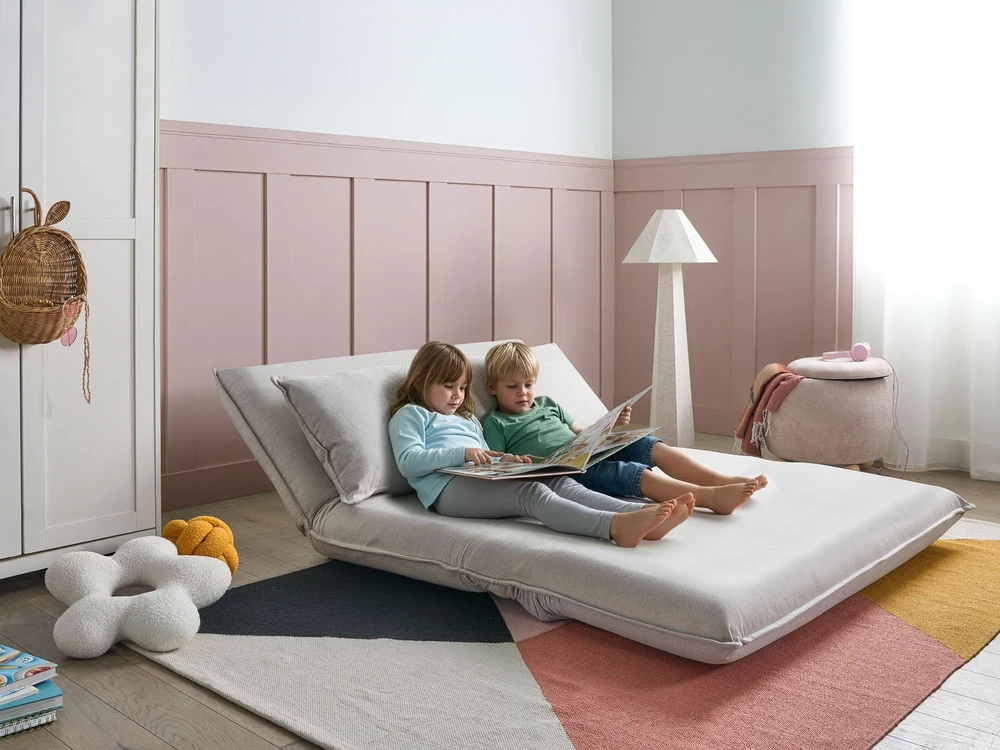 Beliani Dvivietė išskleidžiama sofa ROROS, sintetinis linas, balkšva