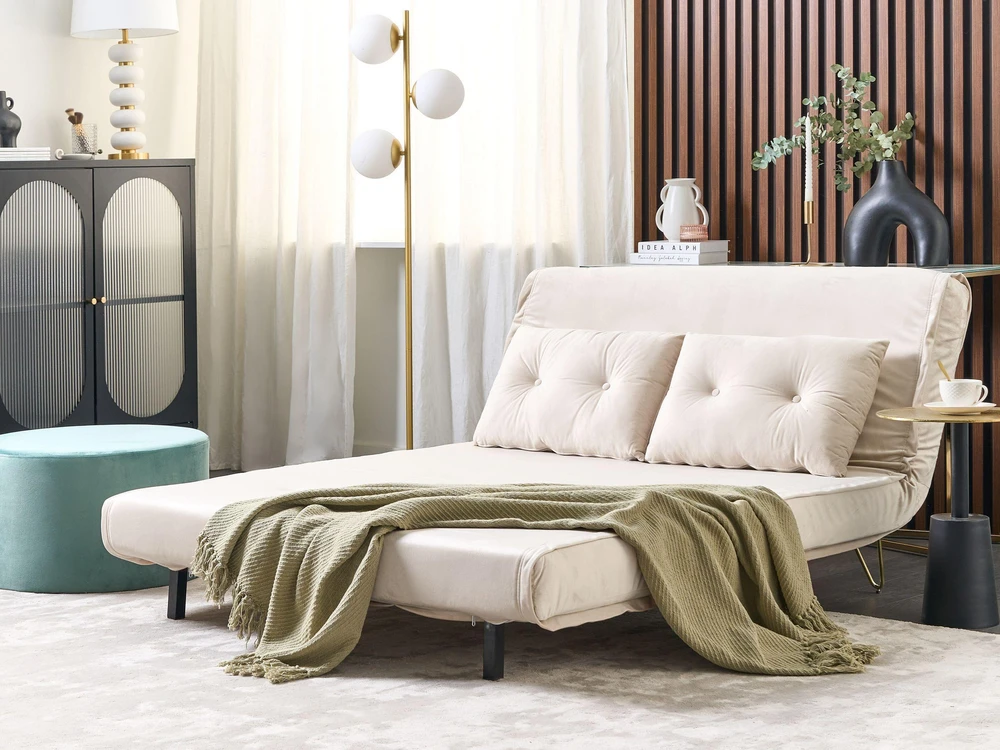 Beliani Dvivietė išskleidžiama sofa VESTFOLD, veliūrinė, smėlio spalvos