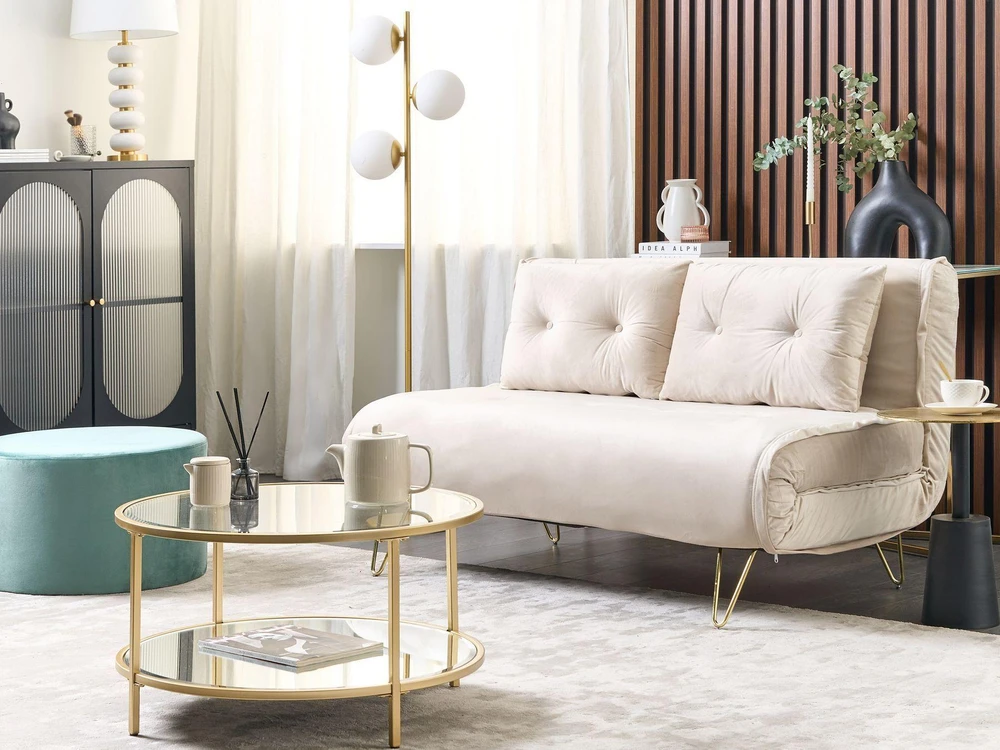 Beliani Dvivietė išskleidžiama sofa VESTFOLD, veliūrinė, smėlio spalvos