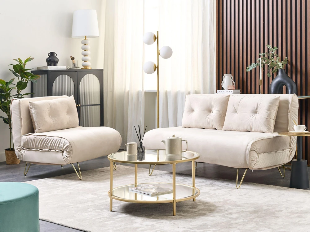 Beliani Dvivietė išskleidžiama sofa VESTFOLD, veliūrinė, smėlio spalvos