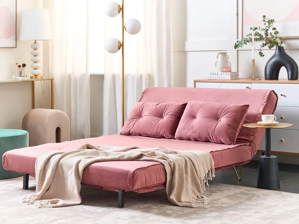Beliani Dvivietė išskleidžiama sofa VESTFOLD, veliūrinė, rožinė