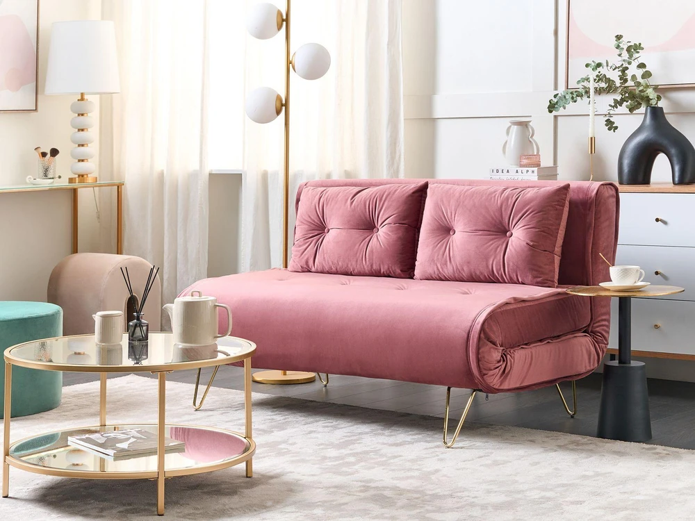 Beliani Dvivietė išskleidžiama sofa VESTFOLD, veliūrinė, rožinė