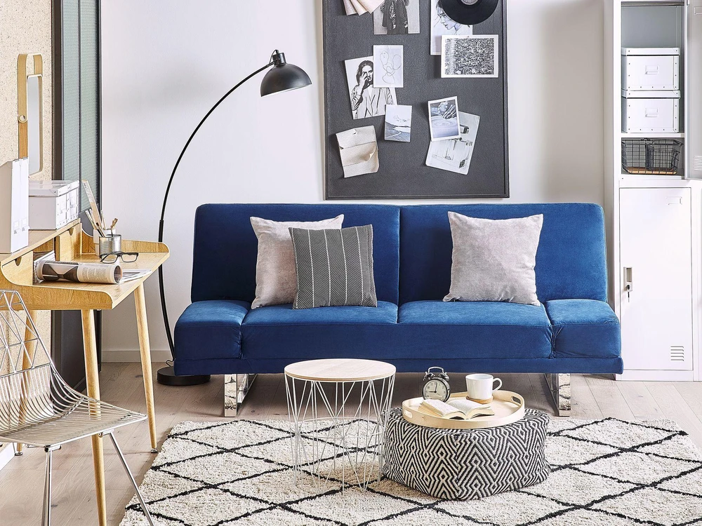 Beliani Dvivietė išskleidžiama sofa YORK iš veliūro, tamsiai mėlyna