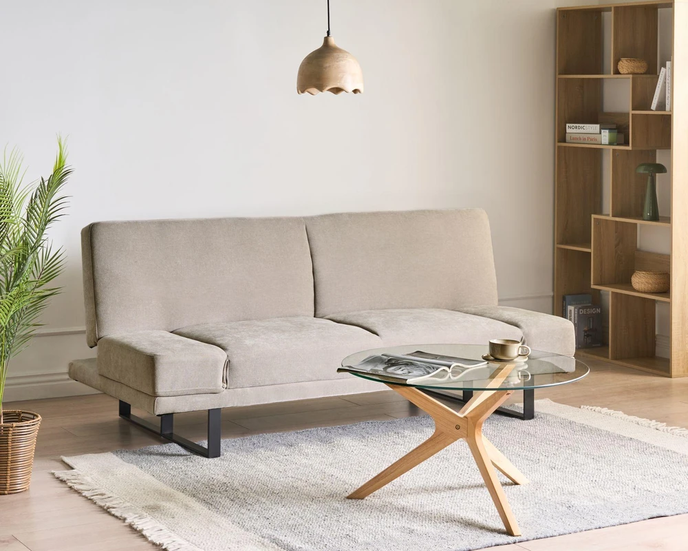 Beliani Dvivietė išskleidžiama sofa YORK, šenilas, šviesiai smėlio spalvos