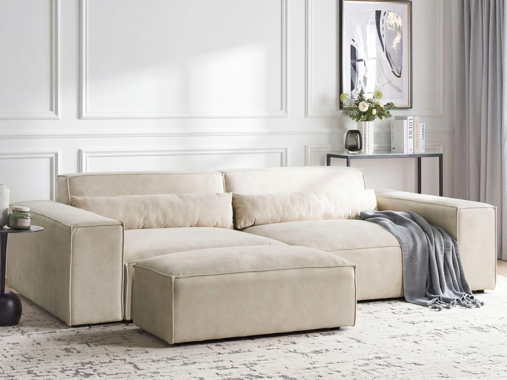 Beliani Dvivietė modulinė sofa HELLNAR su pufu, šviesiai smėlinio veliūro