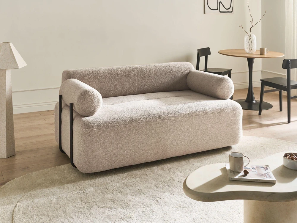Beliani Dvivietė sofa ELVA, buklė audinys, smėlio spalva