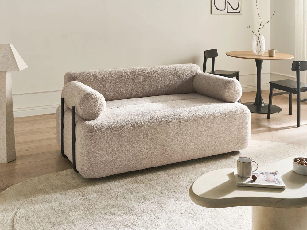 Beliani Dvivietė sofa ELVA, buklė audinys, smėlio spalva