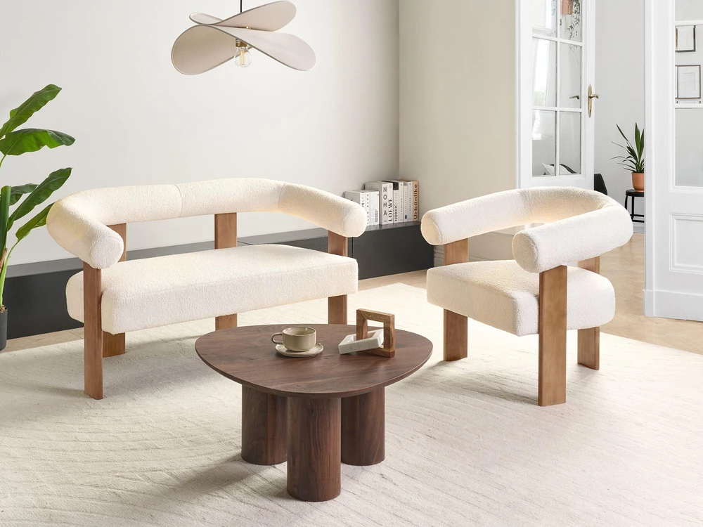 Beliani Dvivietė sofa ILBRO, ,,boucle“ audinys, kreminė balta / tamsiai ruda