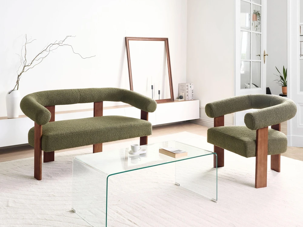Beliani Dvivietė sofa ILBRO, bukli audinys, žalia/tamsiai ruda