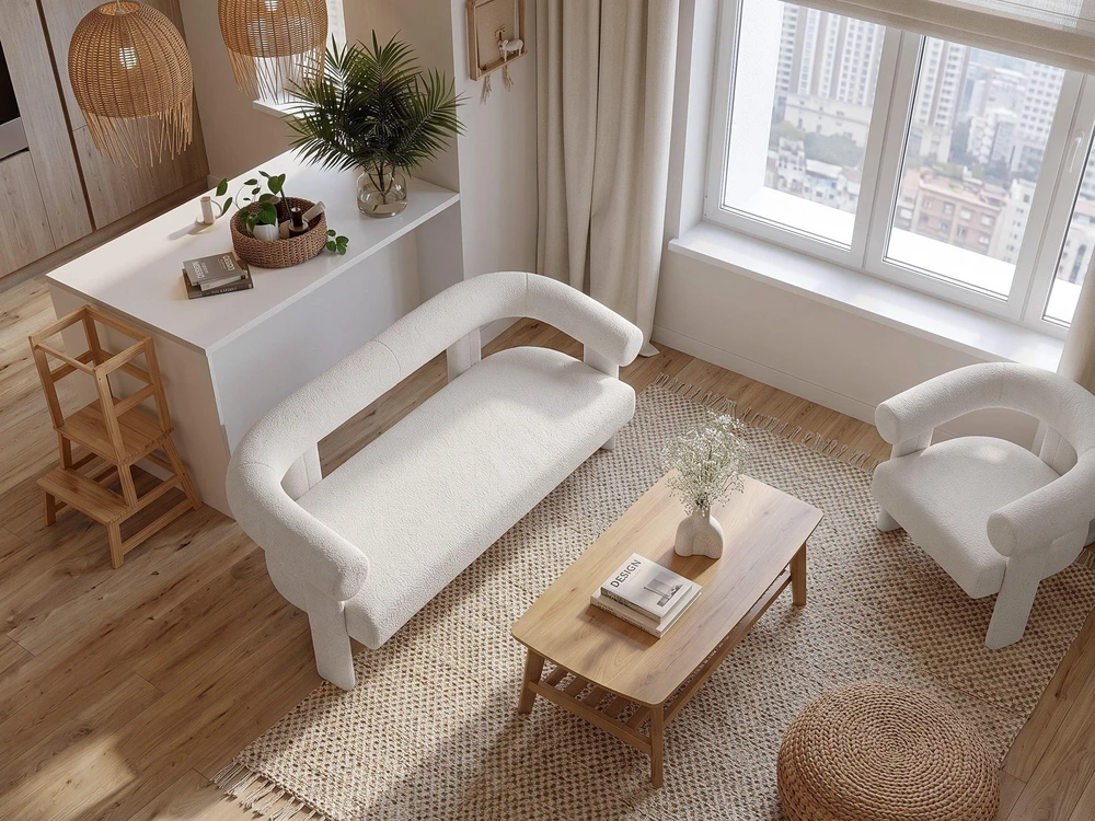 Beliani Dvivietė sofa ILBRO, bukliuotas audinys, dramblio kaulo spalva