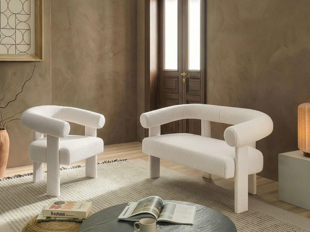 Beliani Dvivietė sofa ILBRO, bukliuotas audinys, dramblio kaulo spalva
