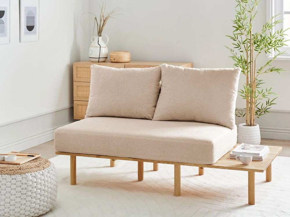 Beliani Dvivietė sofa SALO, bouclé audinys, smėlio spalva su staliukais