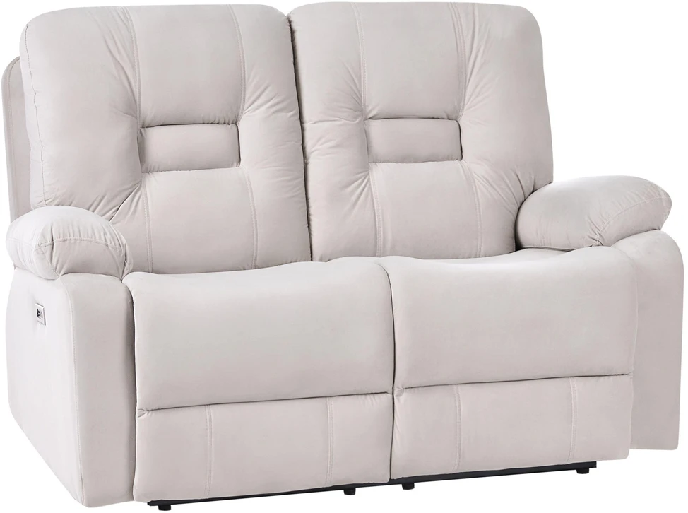 Beliani Dvivietė sofa su elektrine relaksacijos funkcija BERGEN veliūrinė šviesiai smėlio spalvos su USB prievadu
