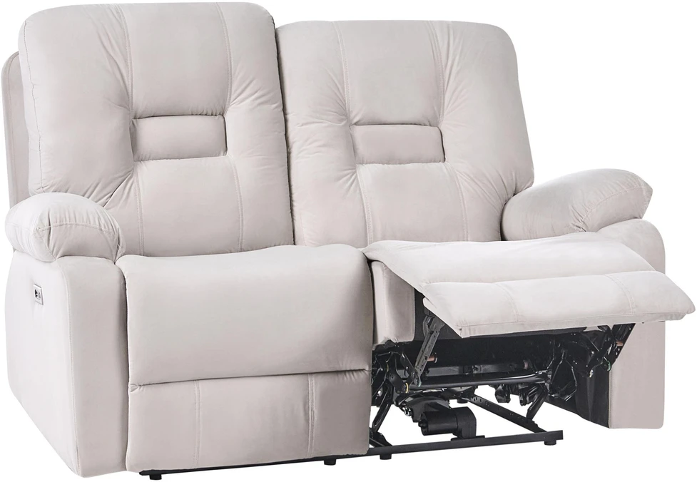 Beliani Dvivietė sofa su elektrine relaksacijos funkcija BERGEN veliūrinė šviesiai smėlio spalvos su USB prievadu