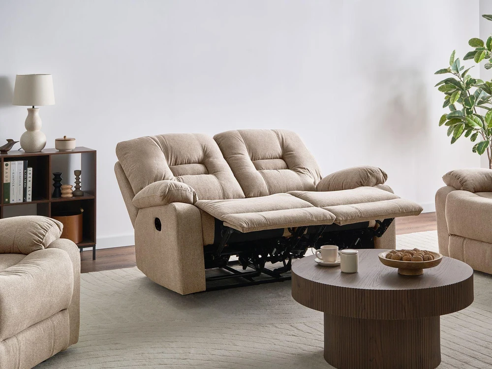 Beliani Dvivietė sofa su mechanine atsipalaidavimo funkcija BERGEN smėlio spalvos