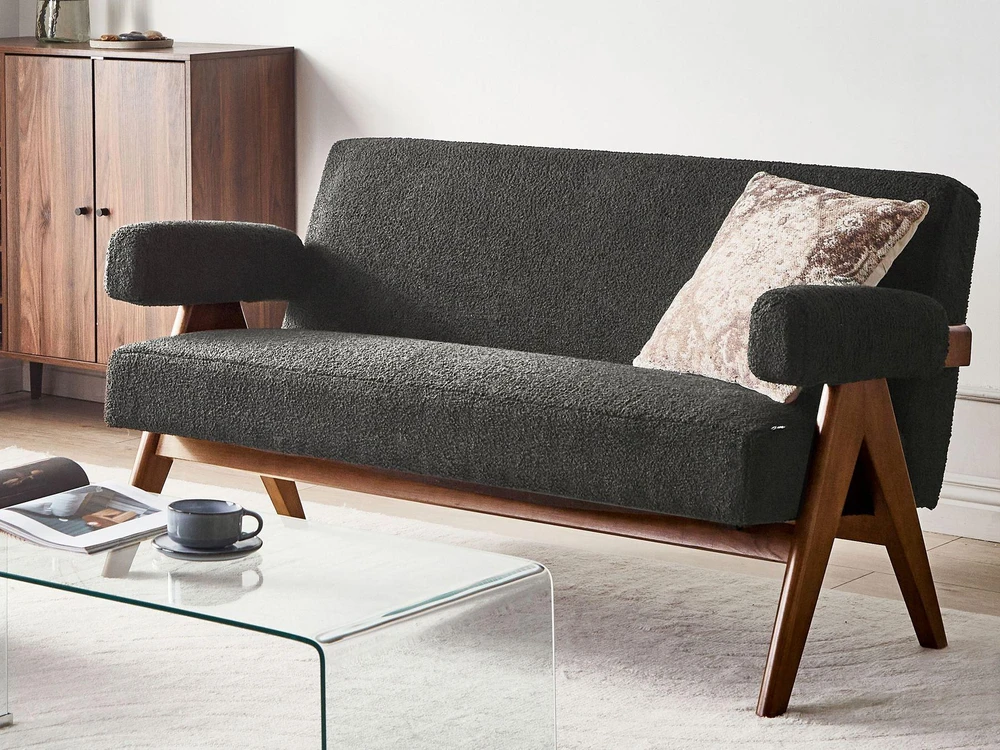 Beliani Dvivietė sofa TAMRE Boucle, juoda / tamsiai ruda