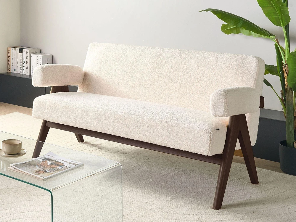 Beliani Dvivietė sofa TAMRE Bouclé, kreminė balta / tamsiai ruda