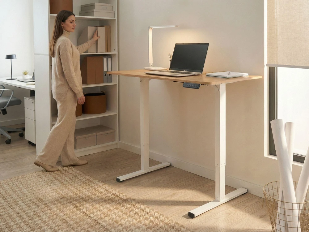 Beliani Elektriškai reguliuojamas rašomasis stalas TAVARES, šviesiai ruda / balta, 120 x 60 cm