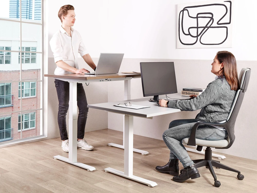 Beliani Elektriškai reguliuojamas stalas DESTINES pilkas/baltas 120 cm 72 cm