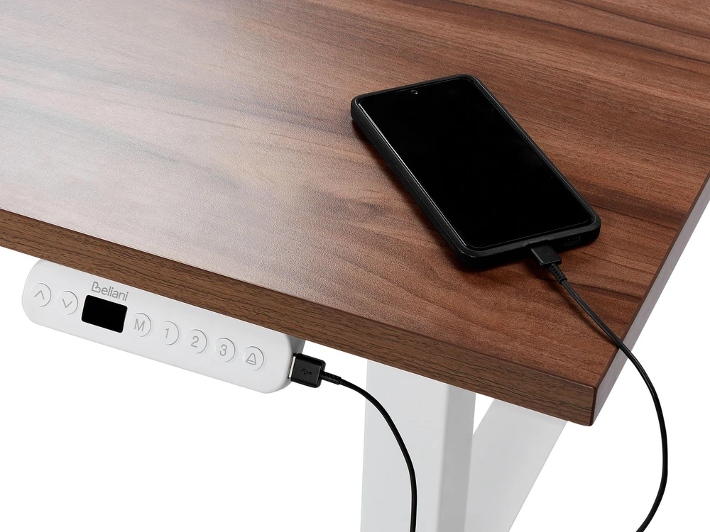 Beliani Elektriškai reguliuojamas stalas DESTINAS, rudas / baltas, 160 cm, 72 cm