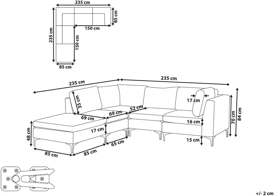 Beliani EVJA modulinė kampinė sofa 4 asmenims su pufu, aksominė, tamsiai mėlyna, dešininė