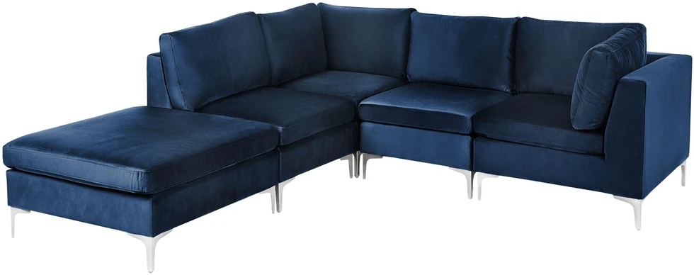 Beliani EVJA modulinė kampinė sofa 4 asmenims su pufu, aksominė, tamsiai mėlyna, dešininė